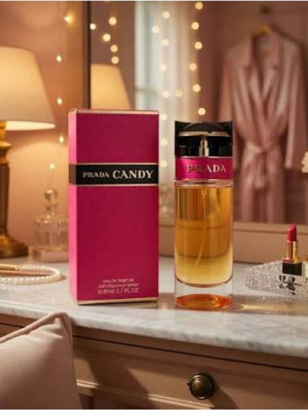 Fragrance bottle and box on vanity